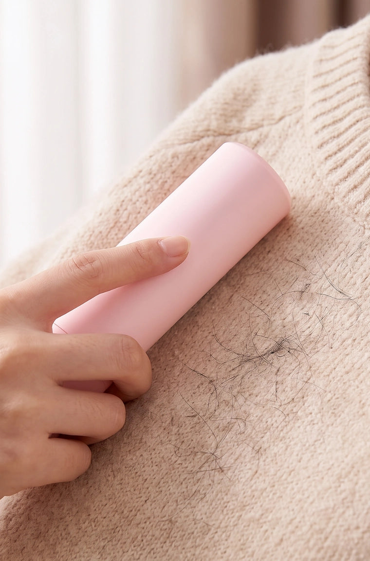 Pet hair and lint on a knit sweater before using PAWOZA Clean