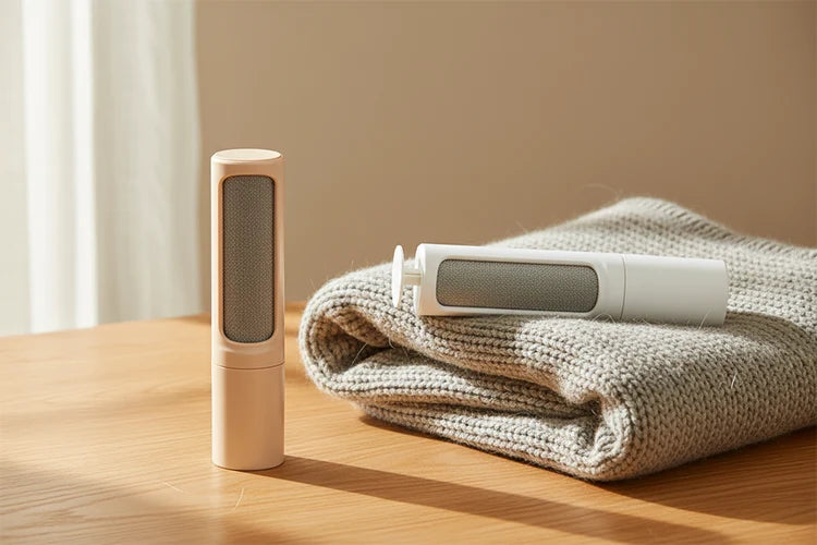 Two PAWOZA Clean units next to a folded knit blanket on a wooden table