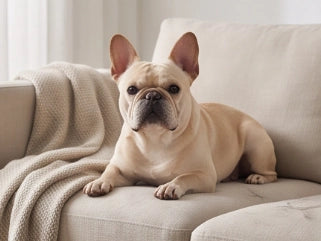A French bulldog resting on a fabric sofa